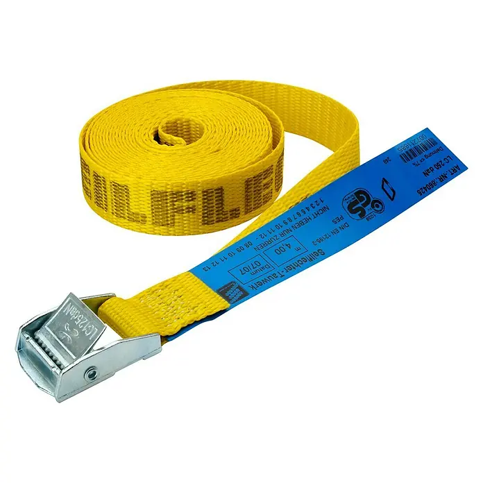 Seilflechter Paddle Leash - Largo: 4 m, Espesor: 25 mm - Cinta de amarre amarilla con carraca y etiqueta azul, enrollada. Adecuada para el amarre seguro de cargas, según DIN EN 12195-2.