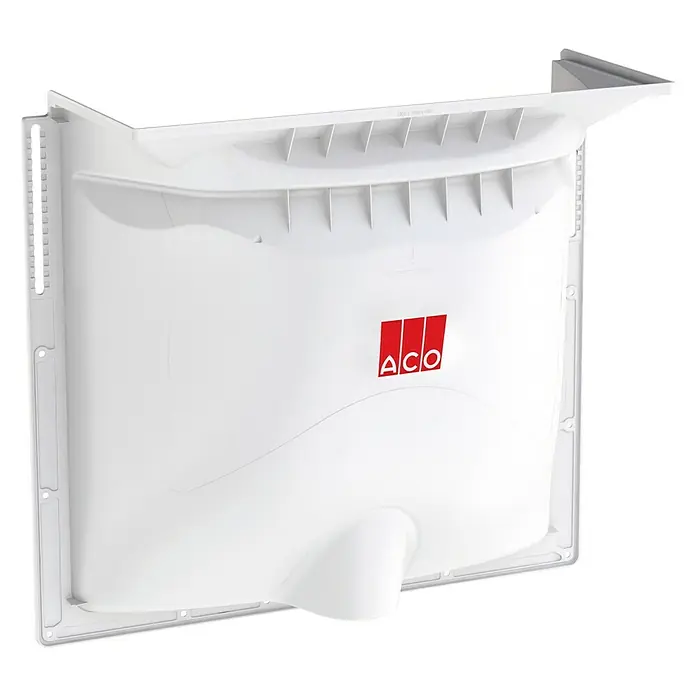 ACO Therm Lichtschachtkörper - 40 x 80 x 60 cm, Polypropylen, Begeh- oder befahrbar montierbar - Das Bild zeigt einen weißen ACO-Aufsatzkasten, eine Baulösung für Entwässerung, mit rotem ACO-Logo im Zentrum, vor schwarzem Hintergrund.
