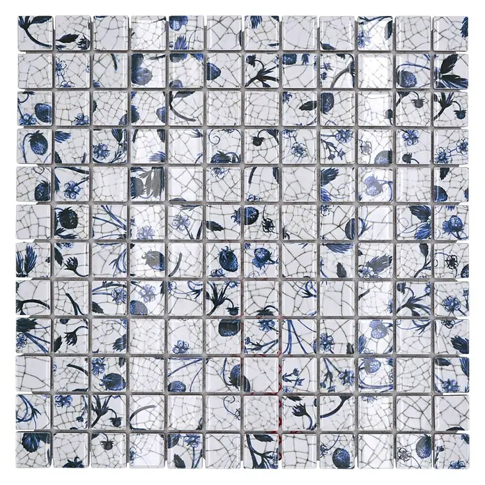 Mosaikfliese Quadrat CG SB09 - 29,8 x 29,8 cm, Weiß, Glänzend - Bild einer quadratischen Fliese mit blau-weißem Blumenmuster und Crackle-Glasur, ideal für Bad oder Küche.