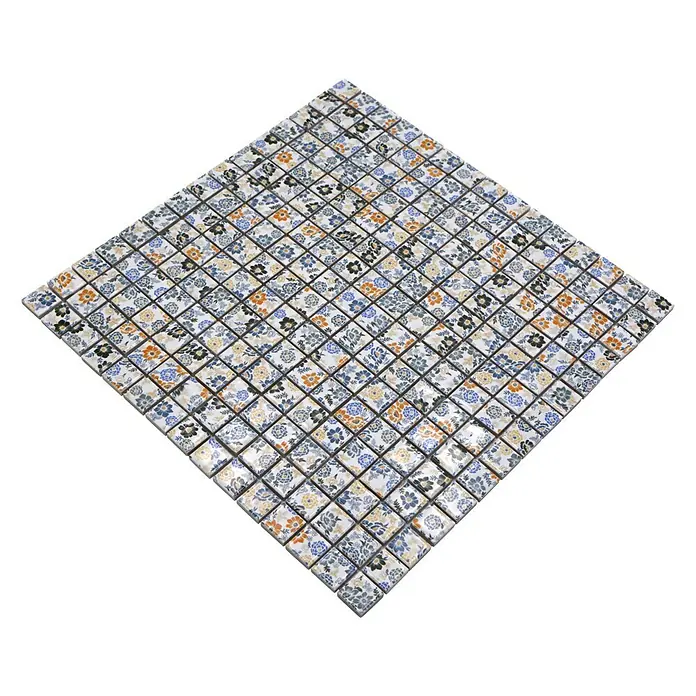Mosaikfliese Quadrat CG SP06 - 30,5 x 30,5 cm, Bunt, Glänzend - Quadratische Fliesenmatte mit floralem Muster in verschiedenen Farben, ideal für individuelle Designs in Bad und Küche.