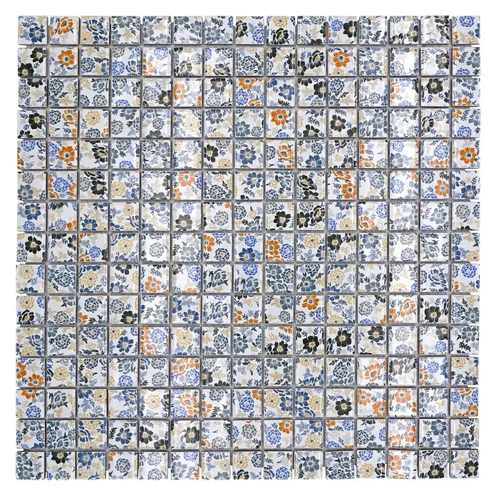 Mosaikfliese Quadrat CG SP06 - 30,5 x 30,5 cm, Bunt, Glänzend - Quadratisches Mosaikfliesenmuster mit bunten Blumenmotiven, ideal für stilvolle Innenraumgestaltung.