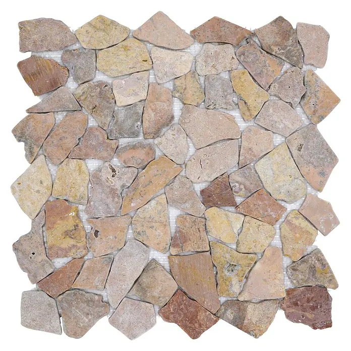 Mosaikfliese Uni CIOT 30/140 - 30,5 x 30,5 cm, Rot, Matt - Unregelmäßige, rote und beige Natursteinmosaikfliesen auf einem quadratischen Trägergitter. Ideal für rustikale Wand- und Bodenverkleidungen.