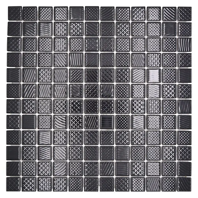 Mosaikfliese Quadrat CG 123 - 29,8 x 29,8 cm, Schwarz, Glänzend - Graue Mosaikfliese mit verschiedenen Texturen, ideal für moderne Badezimmer oder Küchen. Elegantes Design und hochwertige Verarbeitung.