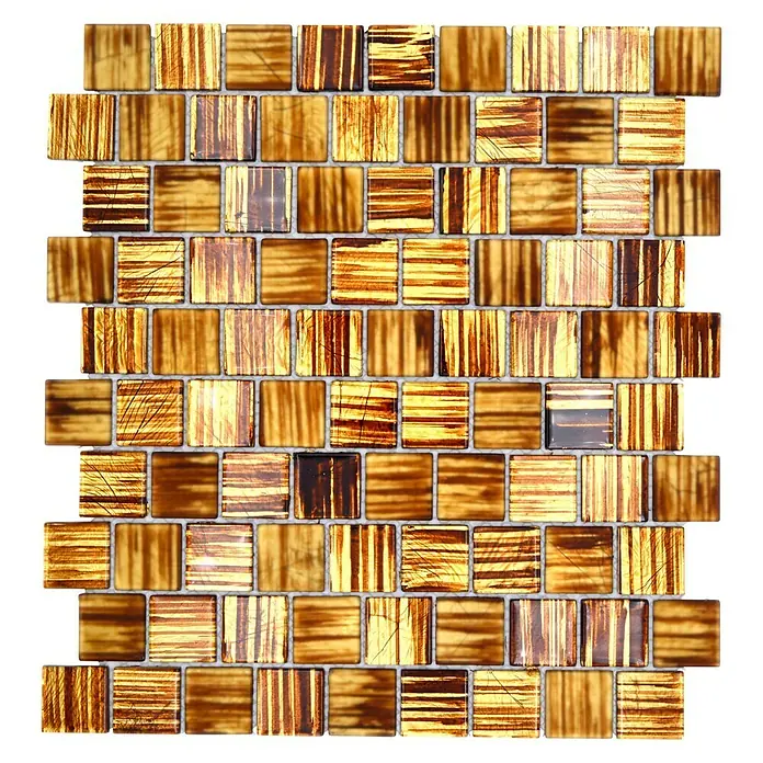 Mosaikfliese Quadrat Crystal Struktur CM CF45 - 28,6 x 31,8 cm, Braun, Glänzend - Quadratische Mosaikfliesen in verschiedenen Gold- und Brauntönen mit glänzender Oberfläche für eine elegante Wandgestaltung.