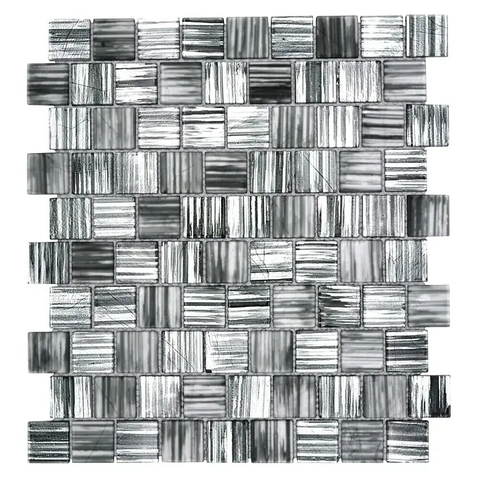 Mosaikfliese Quadrat Crystal Struktur CM CF41 - 28,6 x 31,8 cm, Schwarz, Glänzend - Nahaufnahme einer schimmernden Mosaikfliese in Silber- und Grautönen, ideal für moderne Akzente im Innendesign.