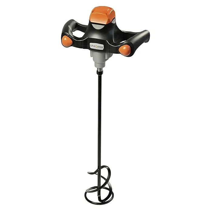 Collomix UniMix Handrührwerk 900 - Durchmesser Rührer: 120 mm, M 14, Mischvolumen: 40 l - Nahaufnahme eines Uniomix-Rührwerks mit Doppelgriff und spiralförmigem Rührer, ideal zum Mischen von Farben, Mörtel und Klebstoffen.