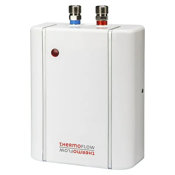 Thermoflow Kleindurchlauferhitzer Elex 5,5 -  - Weißer THERMOFLOW-Wasserkocher mit roter Kontrollleuchte und blauen/roten Anschlüssen.