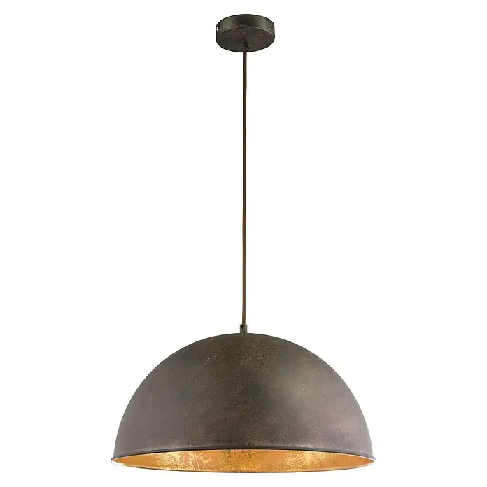 Globo Xirena I Pendelleuchte rundHöhe: 120 cm - Eine Pendelleuchte mit einem halbkugelförmigen Lampenschirm in dunklem Metall und einer goldenen Innenseite, die warmes Licht spendet.