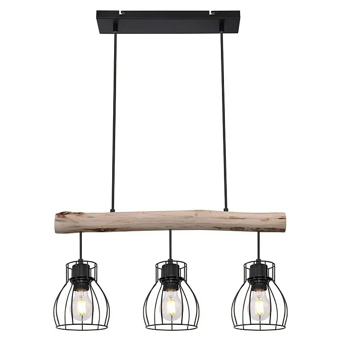Globo Mina Pendelleuchte - 40 W, L x B x H: 60 x 13,6 x 140 cm, Schwarz, E27, 3 Stk. - Diese Pendelleuchte mit Holzbalken ist mit drei Lampenschirmen im Vintage-Stil ausgestattet. Eine stilvolle Deckenbeleuchtung für Wohn- und Esszimmer.