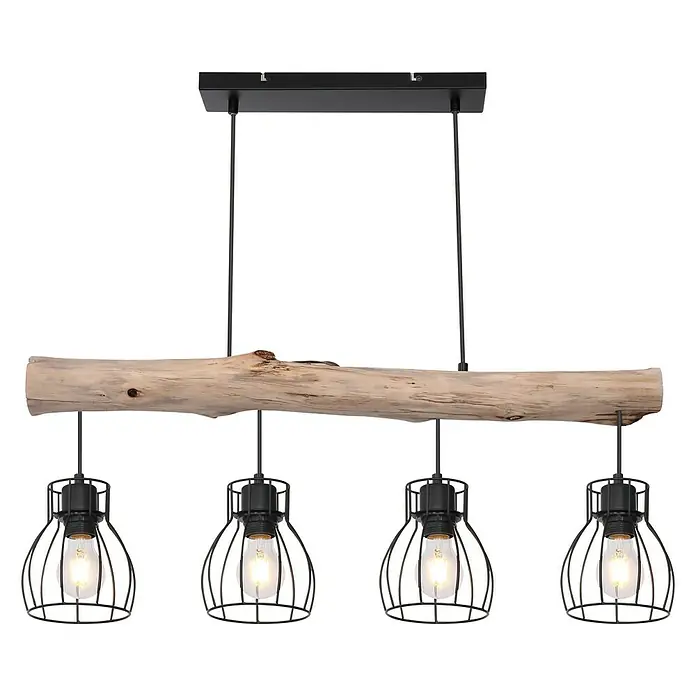 Globo Mina Pendelleuchte - 40 W, L x B x H: 82,5 x 13,6 x 140 cm, Schwarz, E27, 4 Stk. - Pendelleuchte mit vier Lichtquellen und Holzbalken, rustikales Design für den Innenbereich.