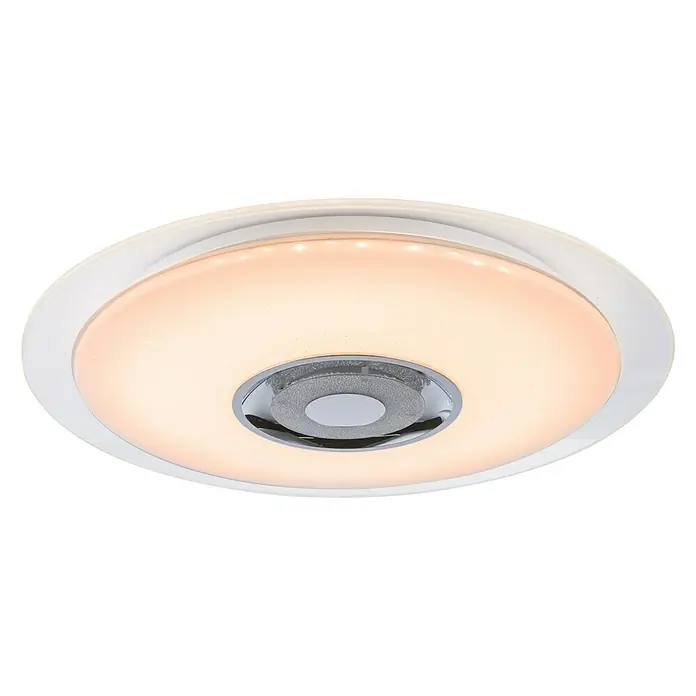 Globo Plafón LED redondo Tune - 24 W, Ø x Al: 475 mm x 5,7 cm, Blanco, RGB - Primer plano de una lámpara de techo redonda con un altavoz integrado, que muestra un diseño moderno y funcional.