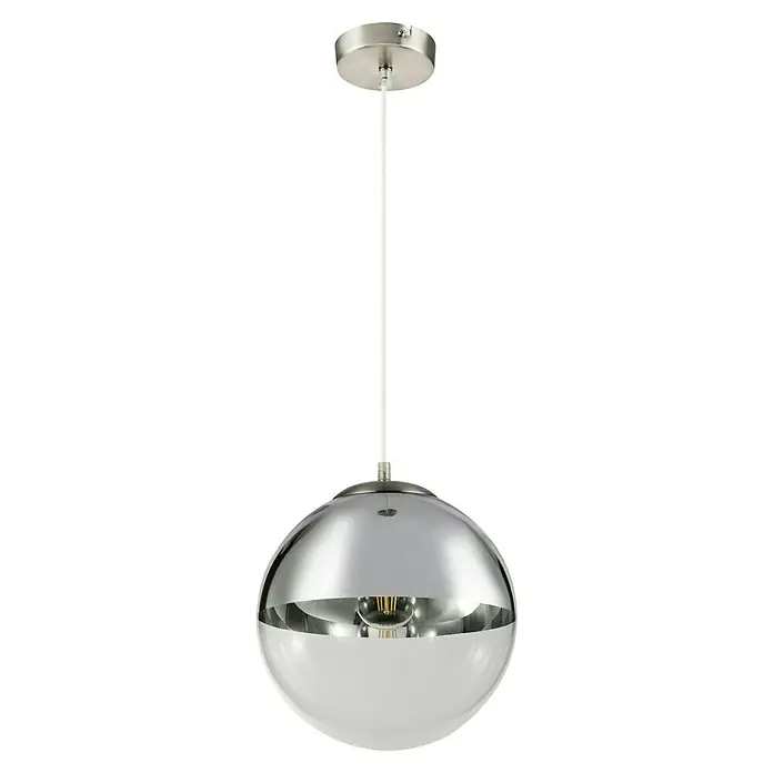 Globo Pendelleuchte VARUS - Höhe: 120 cm, Nickel-matt, 1 Stk. - Nahaufnahme einer modernen Pendelleuchte mit einer halbkugelförmigen Chromblende und einem weißen Stab, die ein stilvolles Design zeigt.