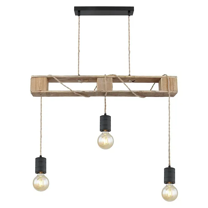 Globo Pendelleuchte JOELLE - 60 W, L x B x H: 18 x 11,5 x 85,5 cm, Schwarz, E27 - Rustikale Pendelleuchte mit drei Glühbirnen, aufgehängt an einem Holzbrett und Seilen, die eine warme und gemütliche Atmosphäre schafft.