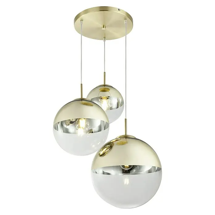 Globo Pendelleuchte VARUS - Höhe: 120 cm, Gold, 3 Stk. - Nahaufnahme einer eleganten Pendelleuchte mit goldenen Akzenten und halbkugelförmigen Lampenschirmen.