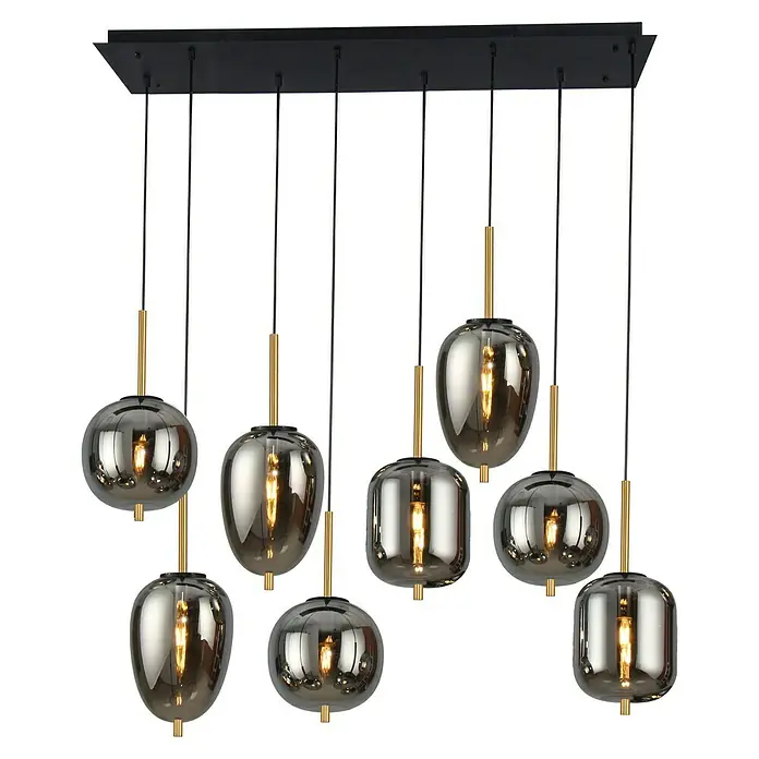 Globo LED-Pendelleuchte BLACKY - Anzahl Leuchtmittel: 8 Stk., Schwarz, 40 W, L x B x H: 102 x 44 x 37 cm, E14 - Moderne Pendelleuchte mit sieben bernsteinfarbenen Glasschirmen in verschiedenen Formen, hängt an einem schwarzen Baldachin.