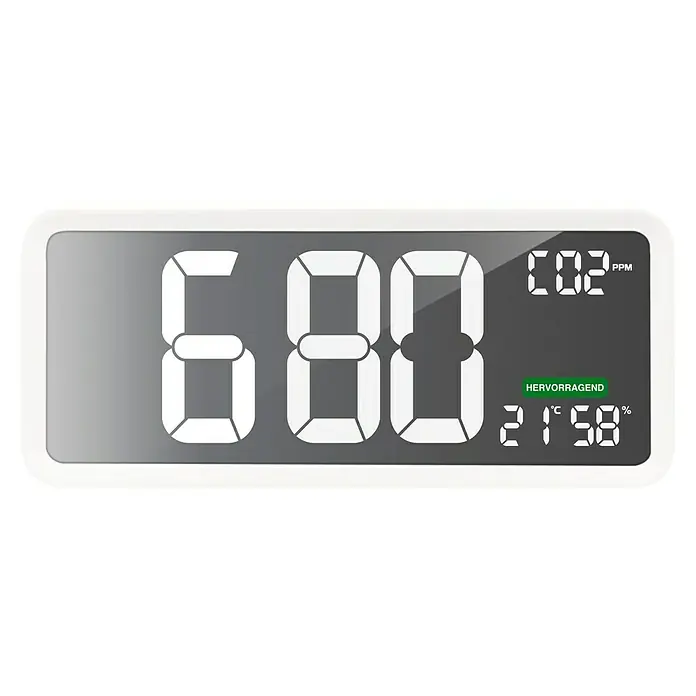 Technoline Luftqualitätsmonitor CO2 WL 1040 mit Uhrzeit - Digitales Display, 4 x 37 x 16 cm, Weiß - Ein digitales Messgerät zeigt einen CO2-Wert von 680 ppm, eine Temperatur von 21 Grad Celsius und eine Luftfeuchtigkeit von 58% an.