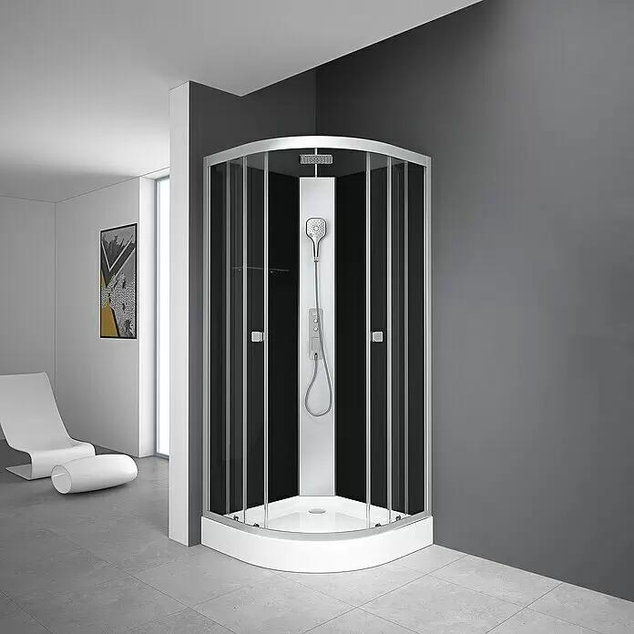 Aurlane Komplettdusche Vitamine Black 2.0 Peppermint - 85 x 85 x 225 cm, Schwarz/Silbergrau - Runde Duschkabine mit schwarzen Platten, weißer Duschwanne und Chrom-Duschsystem, in einem modernen Badezimmer.