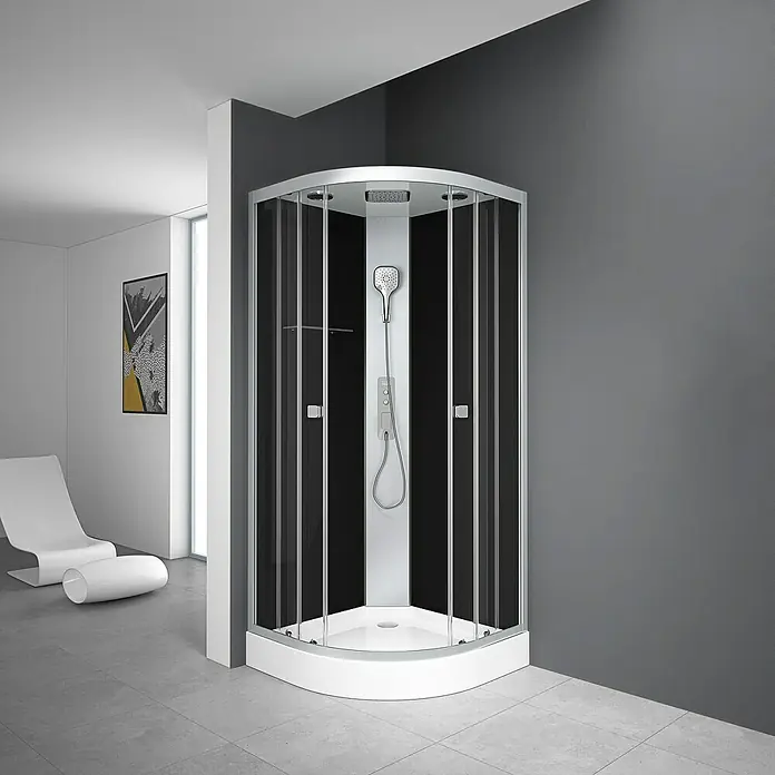 Aurlane Komplettdusche Vitamine Black 2.0 - 90 x 90 x 215 cm, Gebogen, Schwarz/Silbergrau - Das Bild zeigt eine moderne Duschkabine mit schwarzem und silbernem Rahmen, integrierter Dusche und minimalistischem Design in einem stilvollen Badezimmer.