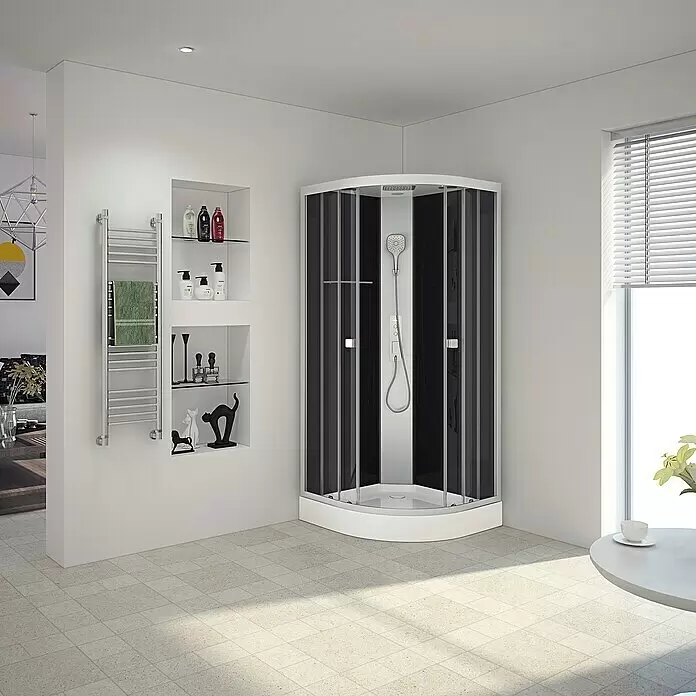 Aurlane Komplettdusche Vitamine Black 2.0 - 90 x 90 x 215 cm, Gebogen, Schwarz/Silbergrau - Schwarze und weiße Eckduschkabine mit Klarglastüren in einem modernen Badezimmer.