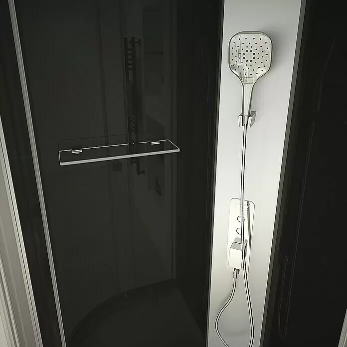 Aurlane Komplettdusche Vitamine Black 2.0 - 90 x 90 x 215 cm, Gebogen, Schwarz/Silbergrau - Quadratische Chrom-Handbrause, Bedienfeld mit Hebel und klare Glasablage in dunkler Duschkabine.