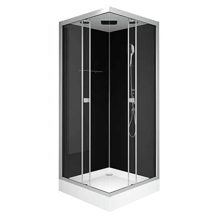 Aurlane Komplettdusche Vitamine Black 2.0 - 90 x 90 x 215 cm, Eckig, Schwarz/Silbergrau - Elegante Duschkabine mit dunkler Rückwand. Silberner Rahmen und moderne Duscharmatur für ein stilvolles Badezimmerdesign.