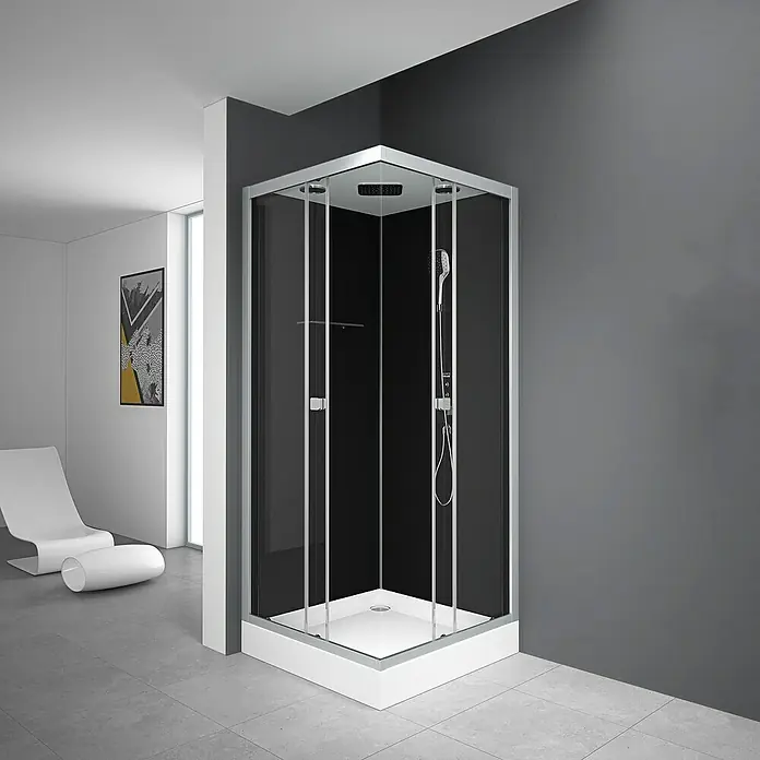 Aurlane Komplettdusche Vitamine Black 2.0 - 90 x 90 x 215 cm, Eckig, Schwarz/Silbergrau - Ein modernes Duschkabinen-Design mit klaren Linien und einem eleganten schwarzen Paneel, ideal für stilvolle Badezimmer.