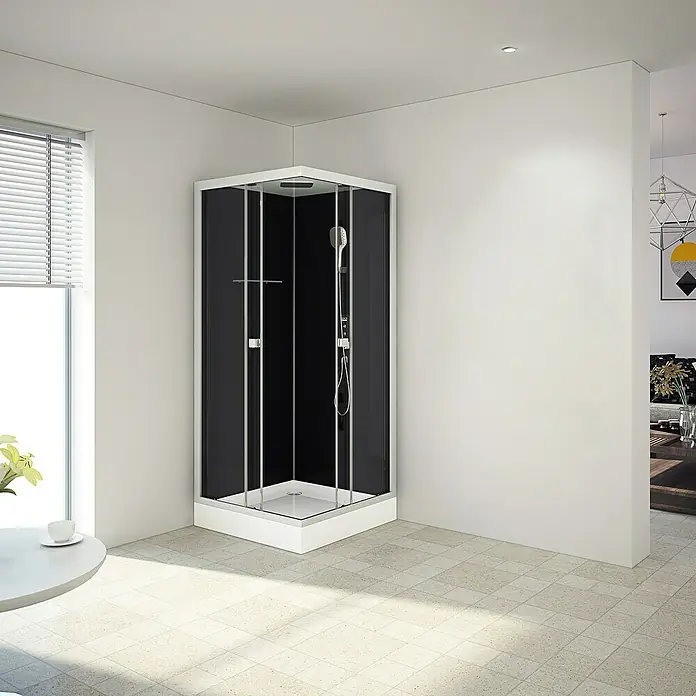 Aurlane Komplettdusche Vitamine Black 2.0 - 90 x 90 x 215 cm, Eckig, Schwarz/Silbergrau - Ein moderner, schwarzer Eckdusche mit silbernen Akzenten vor einer hellen Wand und einem Fenster.