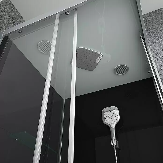 Aurlane Komplettdusche Vitamine Black 2.0 - 90 x 90 x 215 cm, Eckig, Schwarz/Silbergrau - Innenansicht einer modernen Duschkabine mit dunklen Rückwänden, quadratischem Regenduschkopf, Handbrause und zwei Deckenlüftern.