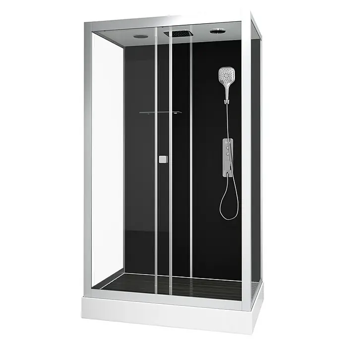 Aurlane Komplettdusche Vitamine Black 2.0 Atrium - 85 x 115 x 215 cm, Schwarz/Silbergrau - Moderne Duschkabine mit schwarzer Rückwand, Regendusche und Handbrause. Elegantes Design für Ihr Badezimmer.