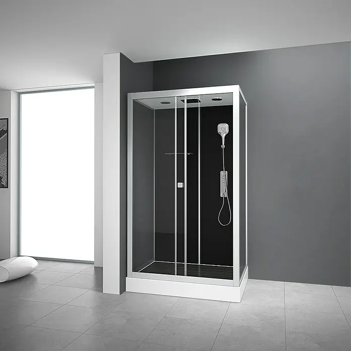 Aurlane Komplettdusche Vitamine Black 2.0 Atrium - 85 x 115 x 215 cm, Schwarz/Silbergrau - Bild einer modernen Duschkabine mit Chromrahmen und schwarzer Rückwand.