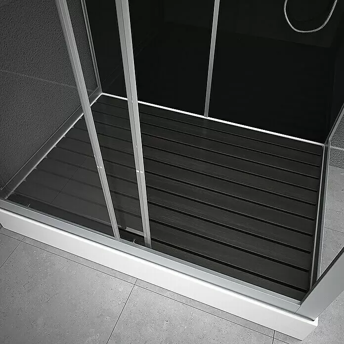 Aurlane Komplettdusche Vitamine Black 2.0 Atrium - 85 x 115 x 215 cm, Schwarz/Silbergrau - Moderne Duschkabine mit Klarglaswänden, silbernen Rahmen und dunklem Lattenrost.