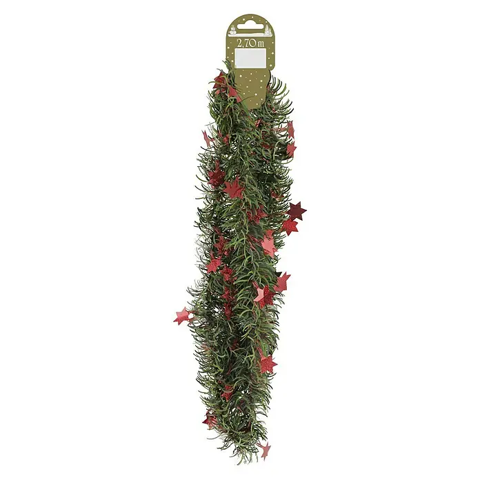 Christbaumschmuck - Eckig, Länge: 2,7 m - Festlicher 2,70 m Weihnachtsgirlande mit roten Sternen, ideal zur Dekoration von Wohnräumen und für eine stimmungsvolle Atmosphäre.