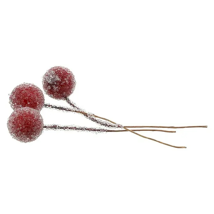 Kunstzweig Beeren am Draht - Beere, Draht, Durchmesser: 1,2 cm - Drei rote, zuckerüberzogene Beeren an einem Zweig. Diese künstlichen Beeren sind perfekt für Weihnachtsdekorationen oder als festliche Akzente.