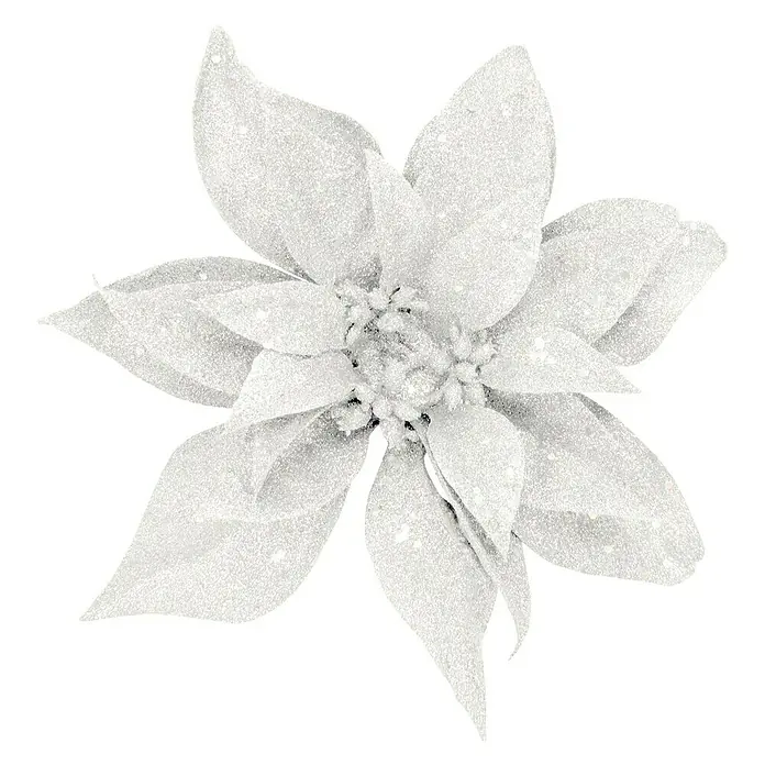 Dekoblüte - Durchmesser: 20 cm, Weiß, Blume - Glitzernde weiße Poinsettia-Blume, ideal für festliche Dekorationen und saisonale Verzierungen.