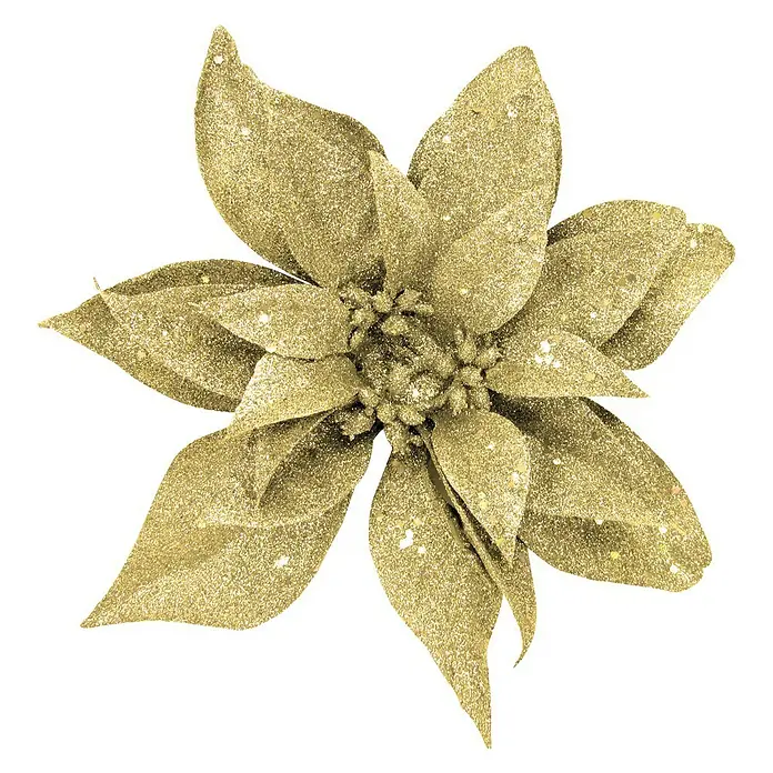 Dekoblüte Weihnachtsstern mit Clip - Durchmesser: 20 cm, Gold, Blume - Funkelnder goldener Weihnachtsstern mit Glitzer, perfekt für festliche Dekorationen und verleiht jedem Raum einen Hauch von Eleganz.