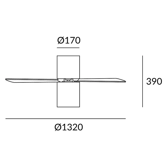 Leds-C4 Deckenventilator Formentera - Grau, 132 cm, 66 W - Abbildung eines Deckenventilators mit den Maßen Ø170 für den Durchmesser des Motorgehäuses, 390 für die Höhe und Ø1320 für den Gesamtdurchmesser.