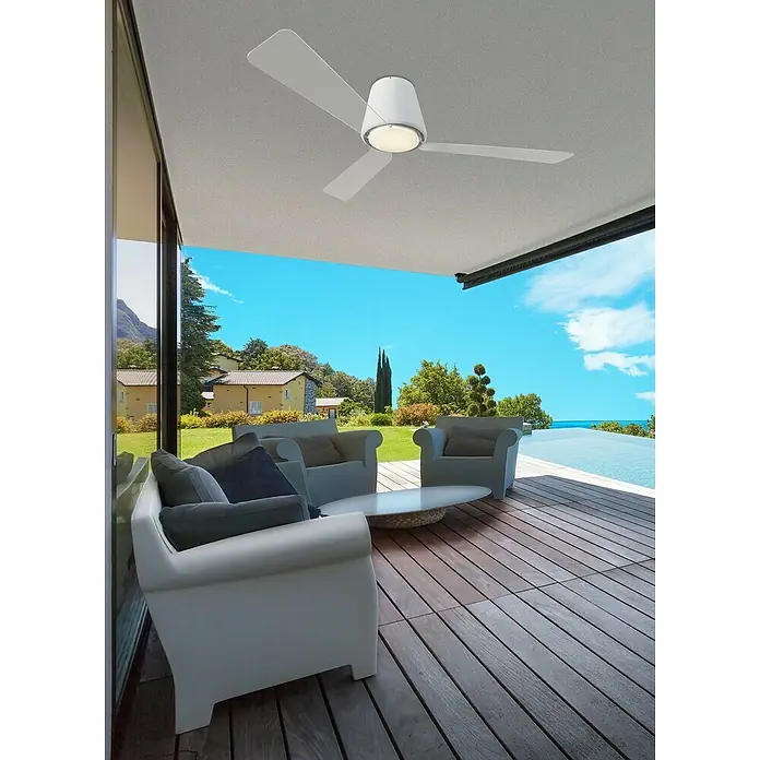 Leds-C4 Ventilador de techo Garbí - Blanco, 132 cm, 21,8 W - 30 W, Blanco cálido - Terraza contemporánea con ventilador de techo.