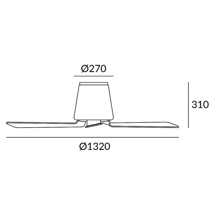 Leds-C4 Ventilador de techo Garbí - Blanco, 132 cm, 21,8 W - 30 W, Blanco cálido - Ilustración de un ventilador de techo con las medidas Ø270 mm para la tapa superior, 310 mm para la altura y Ø1320 mm para el diámetro del rotor.