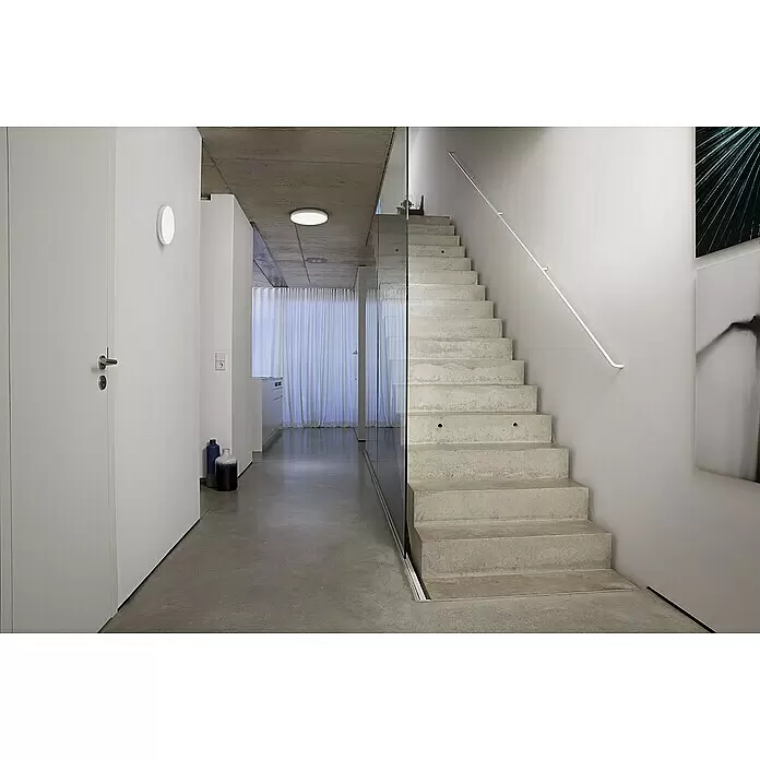 Ledvance Smart+ WiFi LED-Panel rund Planon Frameless - Ø x H: 30 cm x 69 mm, Weiß, RGB - Runde weiße Aufbau-Wandleuchte in einem minimalistischen Beton- und Weißinterieur.