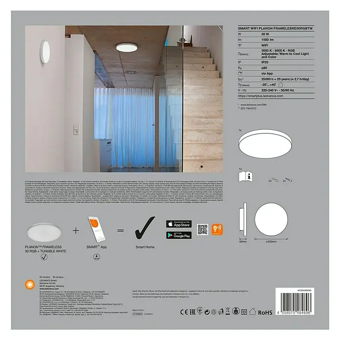 Ledvance Smart+ WiFi LED-Panel rund Planon FramelessØ x H: 30 cm x 69 mm, Weiß, RGB - Produktbild der SMART WIFI PLANON FRAMELESRD30RGBTW: 20W, 1500 lm, dimmbar, mit App steuerbar und einstellbarer Farbtemperatur.