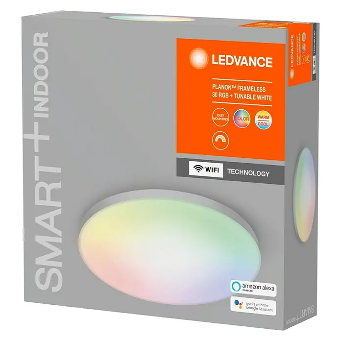 Ledvance Smart+ WiFi LED-Panel rund Planon Frameless - Ø x H: 30 cm x 69 mm, Weiß, RGB - Eine LEDVANCE SMART+INDOOR Planon™ Frameless Deckenleuchte, die mit Amazon Alexa und Google Assistant kompatibel ist, in der Verpackung.