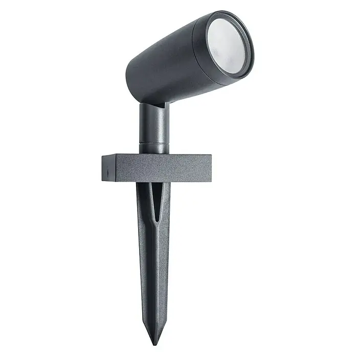 Ledvance Smart+ LED-Gartenspot Garten Spottwallspike RGBW EXT - L x B x H: 145 x 90 x 295 mm - Das Bild zeigt eine moderne, graue Gartenleuchte mit Erdspieß, die ideal für die Beleuchtung von Außenbereichen ist.