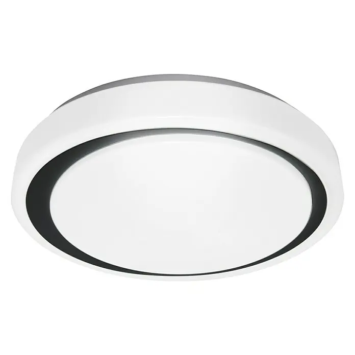 Ledvance Smart+ WiFi LED-Deckenleuchte rund Ceiling Moon - 26 W, Ø x H: 380 x 85 mm, Weiß/Schwarz - Nahaufnahme einer modernen, runden LED-Deckenleuchte mit weißem Diffusor und grauem Rahmen.