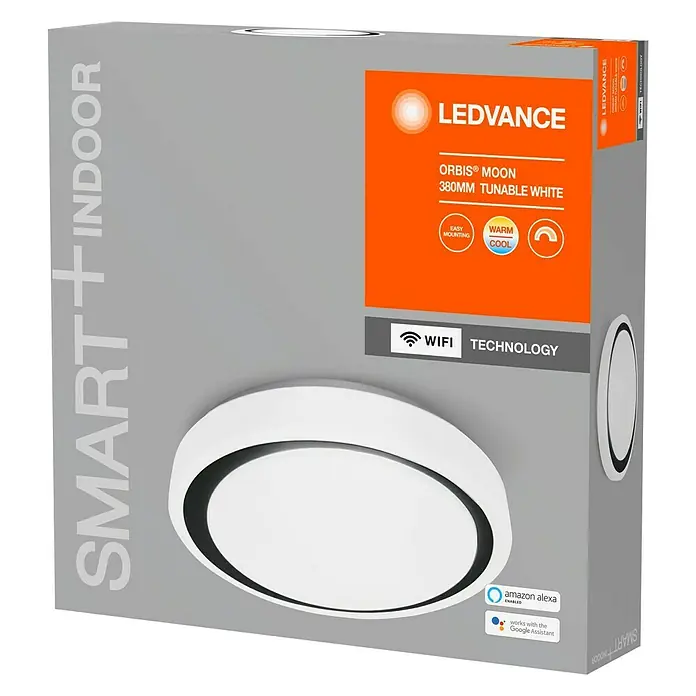 Ledvance Smart+ WiFi LED-Deckenleuchte rund Ceiling Moon - 26 W, Ø x H: 380 x 85 mm, Weiß/Schwarz - Abbildung der LEDVANCE ORBIS® MOON 380MM Tunable White Smart+ Indoor Leuchte in ihrer Verpackung.