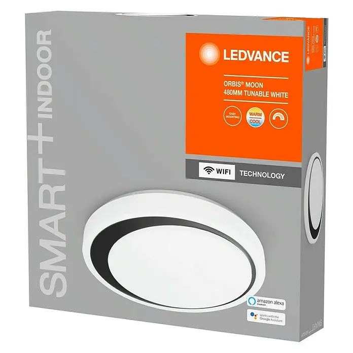 Ledvance Smart+ WiFi LED-Deckenleuchte rund Ceiling Moon - 32 W, Ø x H: 480 x 86 mm, Weiß/Schwarz - Verpackung der LEDVANCE ORBIS® MOON 480MM tunable white Smart+ Indoor Leuchte mit Wifi Technologie und Amazon Alexa Unterstützung.