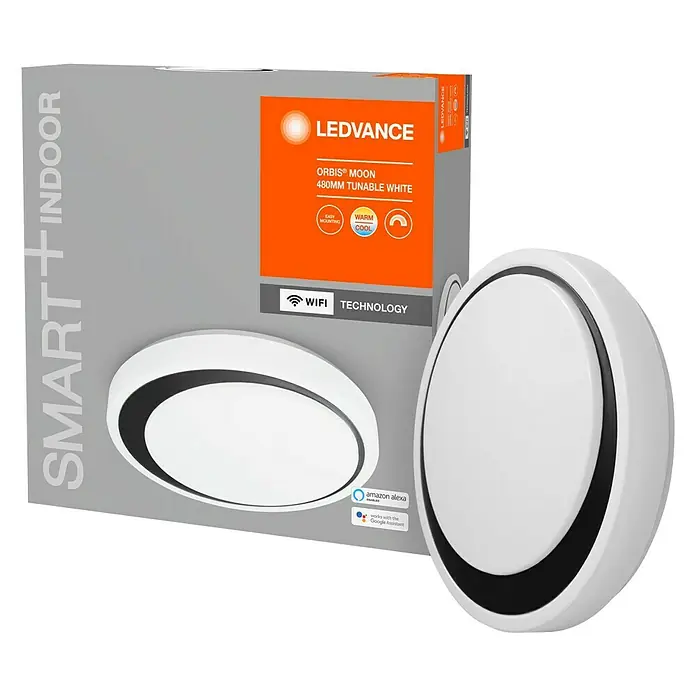Ledvance Smart+ WiFi LED-Deckenleuchte rund Ceiling Moon - 32 W, Ø x H: 480 x 86 mm, Weiß/Schwarz - LEDVANCE ORBIS® MOON 480MM tunable White Smart+Indoor Lampe, verpackt in einem Karton.