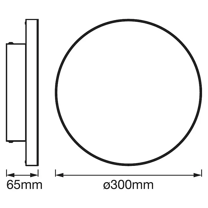 Ledvance Smart+ WiFi LED-Panel Planon Frameless - 2 W, Weiß - Abbildung einer runden Wandleuchte mit den Maßen 65 mm Tiefe und einem Durchmesser von 300 mm.