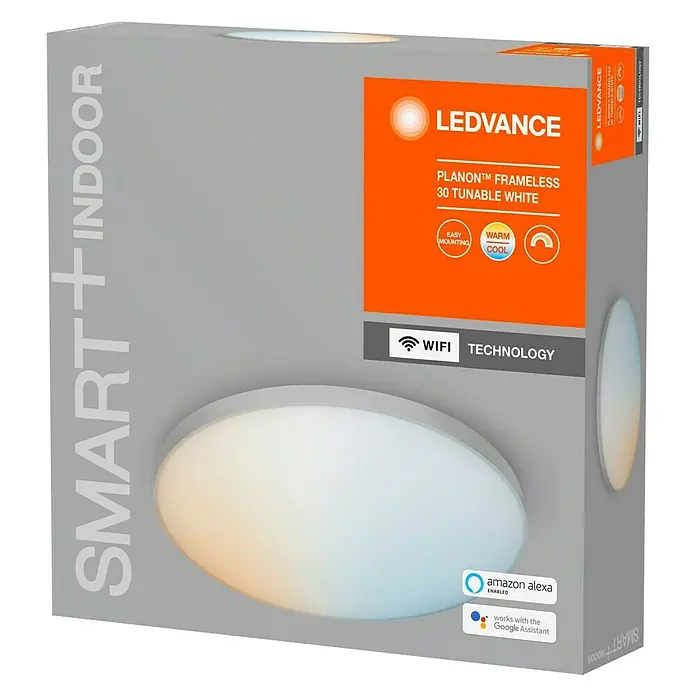 Ledvance Smart+ WiFi LED-Panel Planon Frameless - 2 W, Weiß - Nahaufnahme der Verpackung einer LEDVANCE PLANON™ FRAMELESS 30 Tunable White Smart+ Indoor-Leuchte, die mit Amazon Alexa und Google Assistant kompatibel ist.