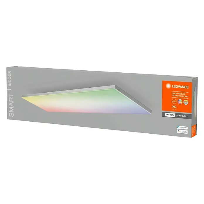 Ledvance Smart+ WiFi LED-Panel Planon Frameless40 W, L x B x H: 1.200 x 300 x 69 mm, Weiß, RGBW - Eine LEDVANCE Planon Frame­less 120x30 RGB-Tunable White Leuchte in der Produktverpackung, die smarte Innenraumbeleuchtung verspricht.