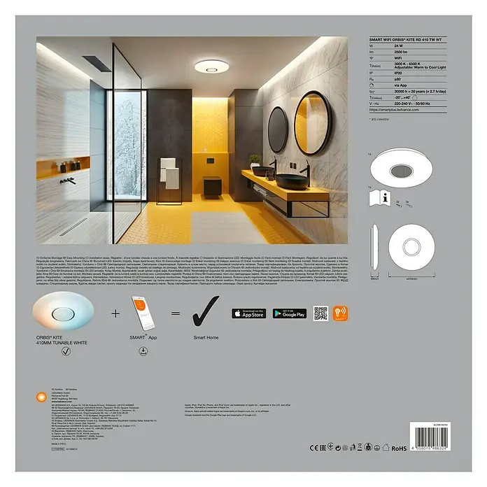 Ledvance Smart+ WiFi LED-Deckenleuchte rund Ceiling Kite - 24 W, Ø x H: 410 x 68 mm, Weiß - LEDVANCE SMART WiFi ORBIS KITE RD 410 TW WT: Dimmbare LED-Deckenleuchte mit warmweißem bis kaltweißem Licht, steuerbar per App.